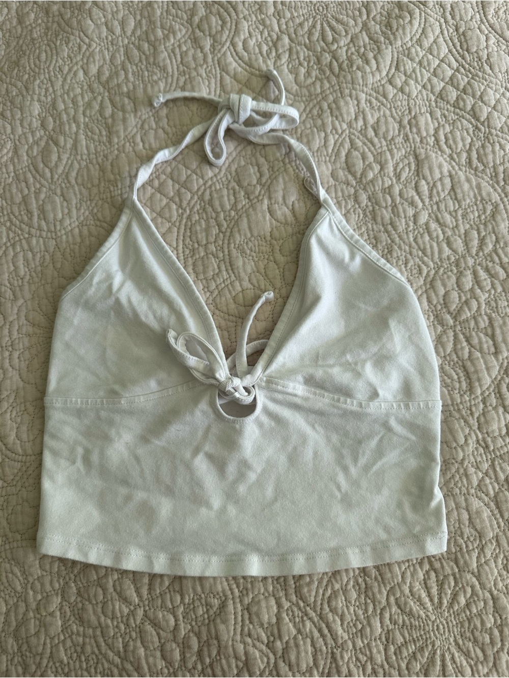 Garage White Halter Crop Top with Front Ring